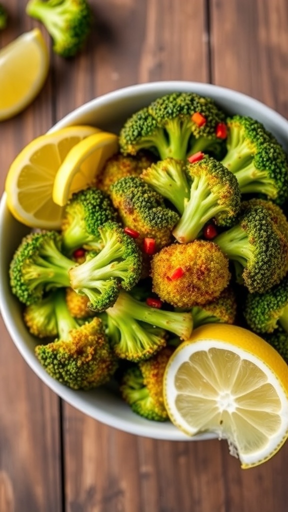 Crispy Air Fryer Broccoli Recipe Crispy air fryer broccoli florets garnished with red pepper flakes and lemon wedges on a wooden table.